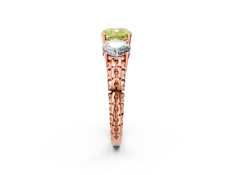 Rose gold Three-Stone Fancy Yellow Cushion Cut Cut Diamond Ring with Channel-Set Band and Prong Setting_2