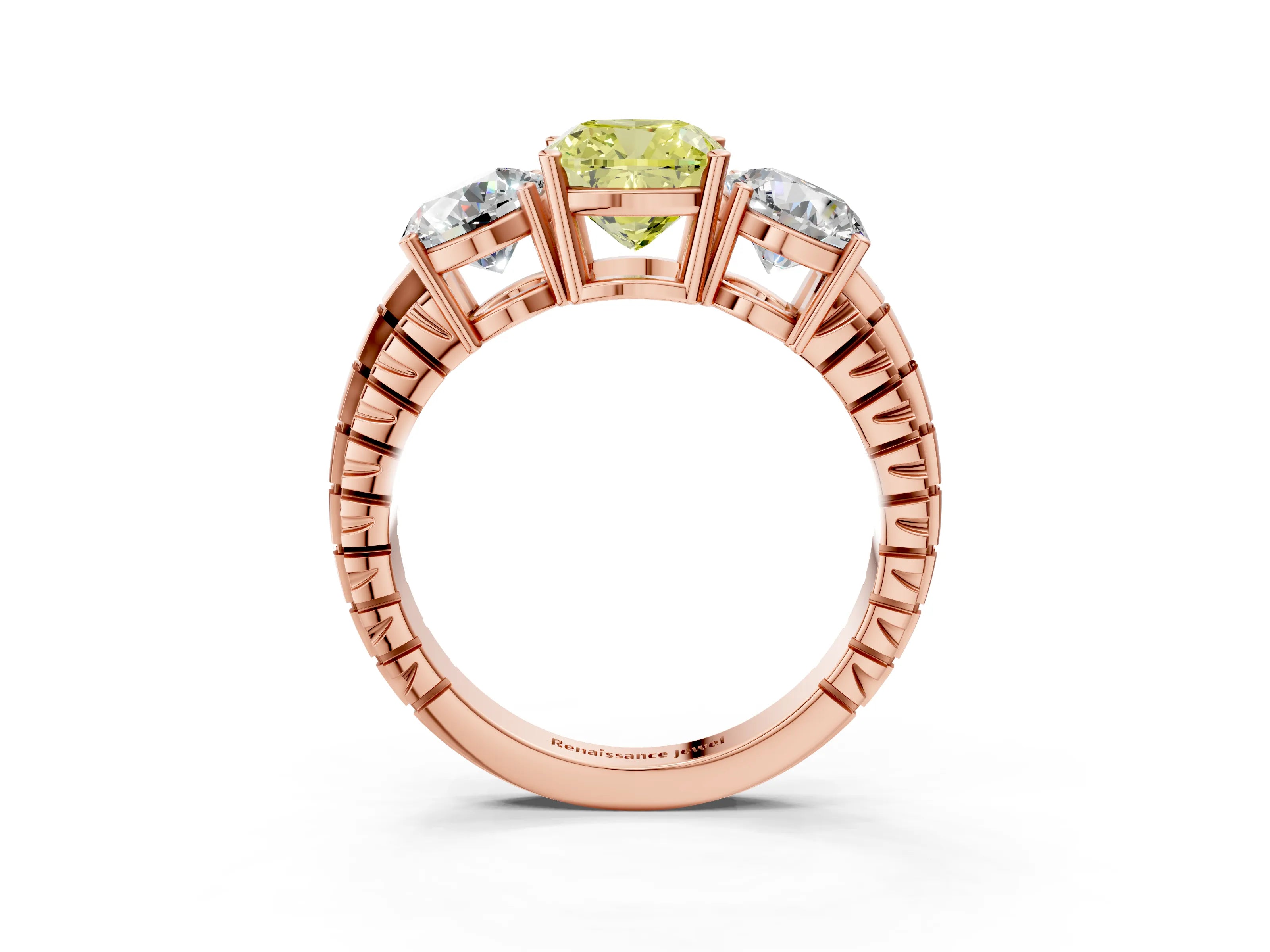 Rose gold Three-Stone Fancy Yellow Cushion Cut Cut Diamond Ring with Channel-Set Band and Prong Setting_3