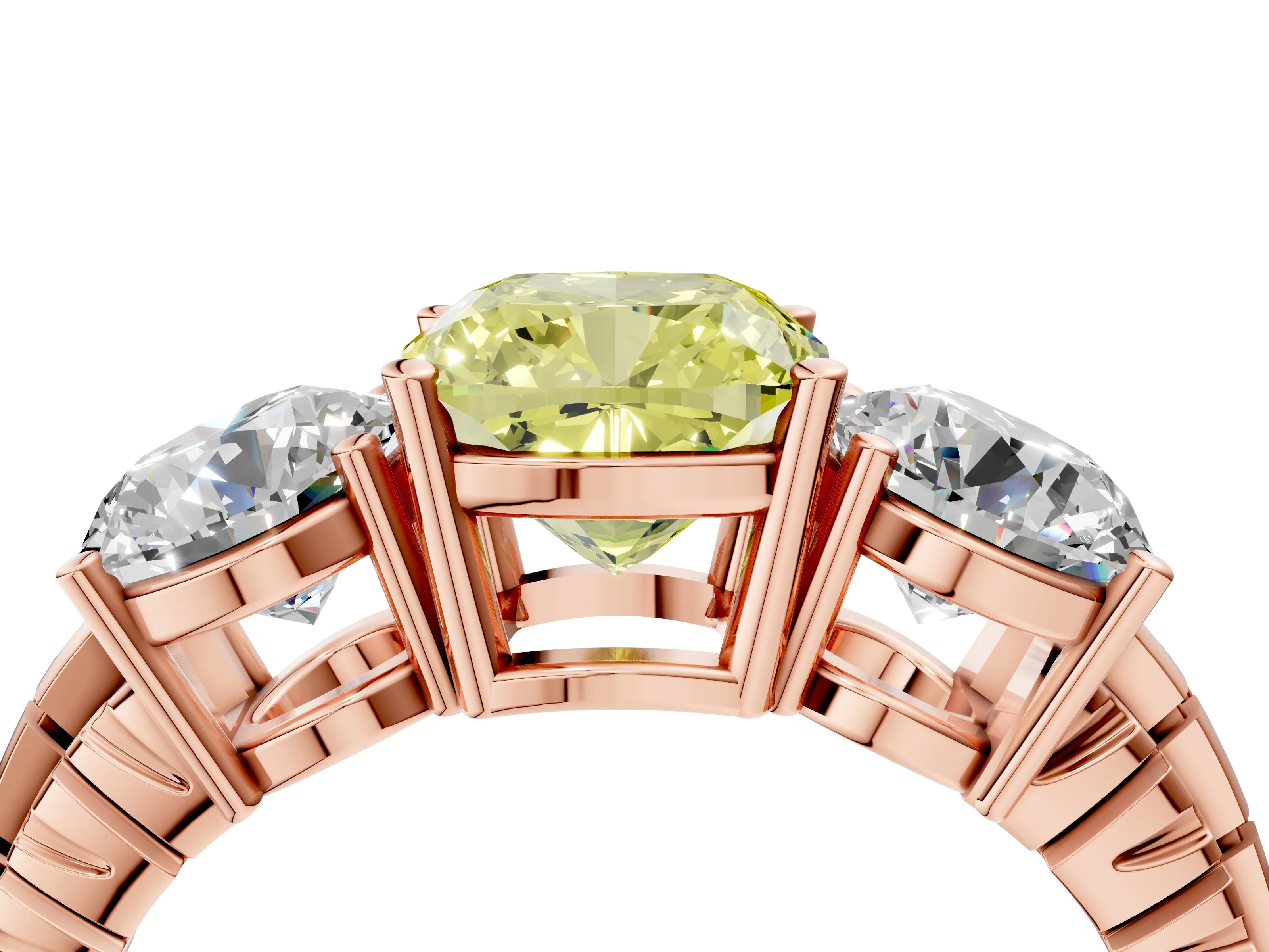 Rose gold Three-Stone Fancy Yellow Cushion Cut Cut Diamond Ring with Channel-Set Band and Prong Setting_4