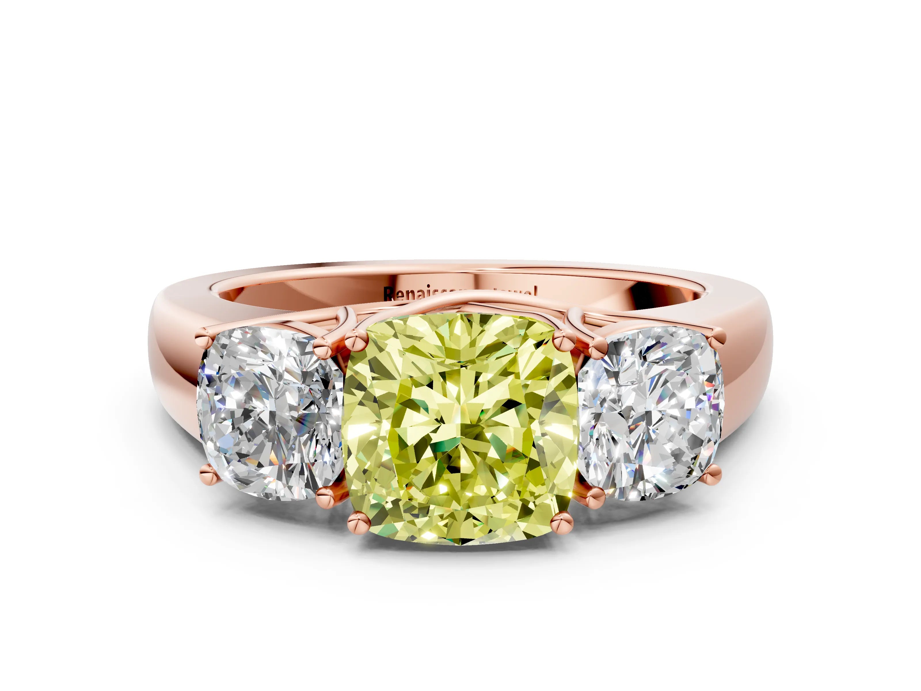 Rose gold Three-Stone Fancy Yellow Cushion Cut Cut Diamond Ring with Prong Setting and Classic Band
