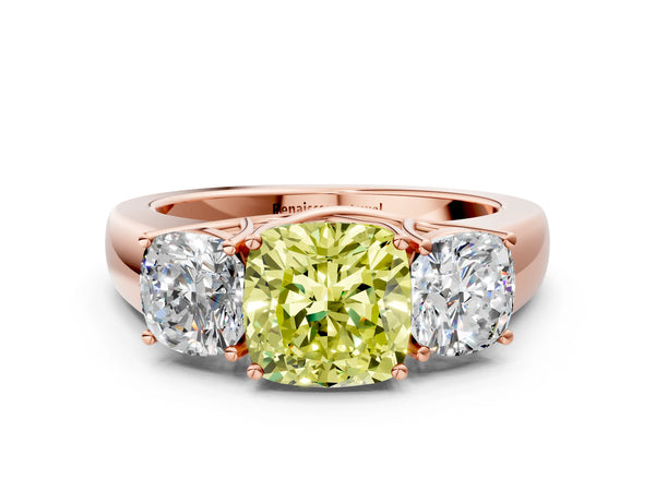 Rose gold Three-Stone Fancy Yellow Cushion Cut Cut Diamond Ring with Prong Setting and Classic Band