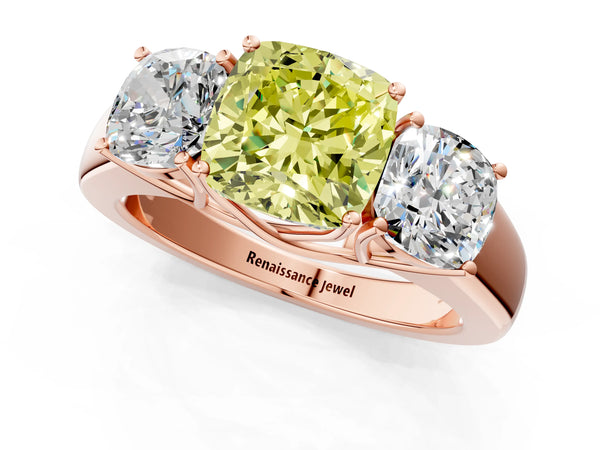 Rose gold Three-Stone Fancy Yellow Cushion Cut Cut Diamond Ring with Prong Setting and Classic Band