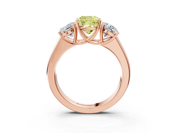 Rose gold Three-Stone Fancy Yellow Cushion Cut Cut Diamond Ring with Prong Setting and Classic Band