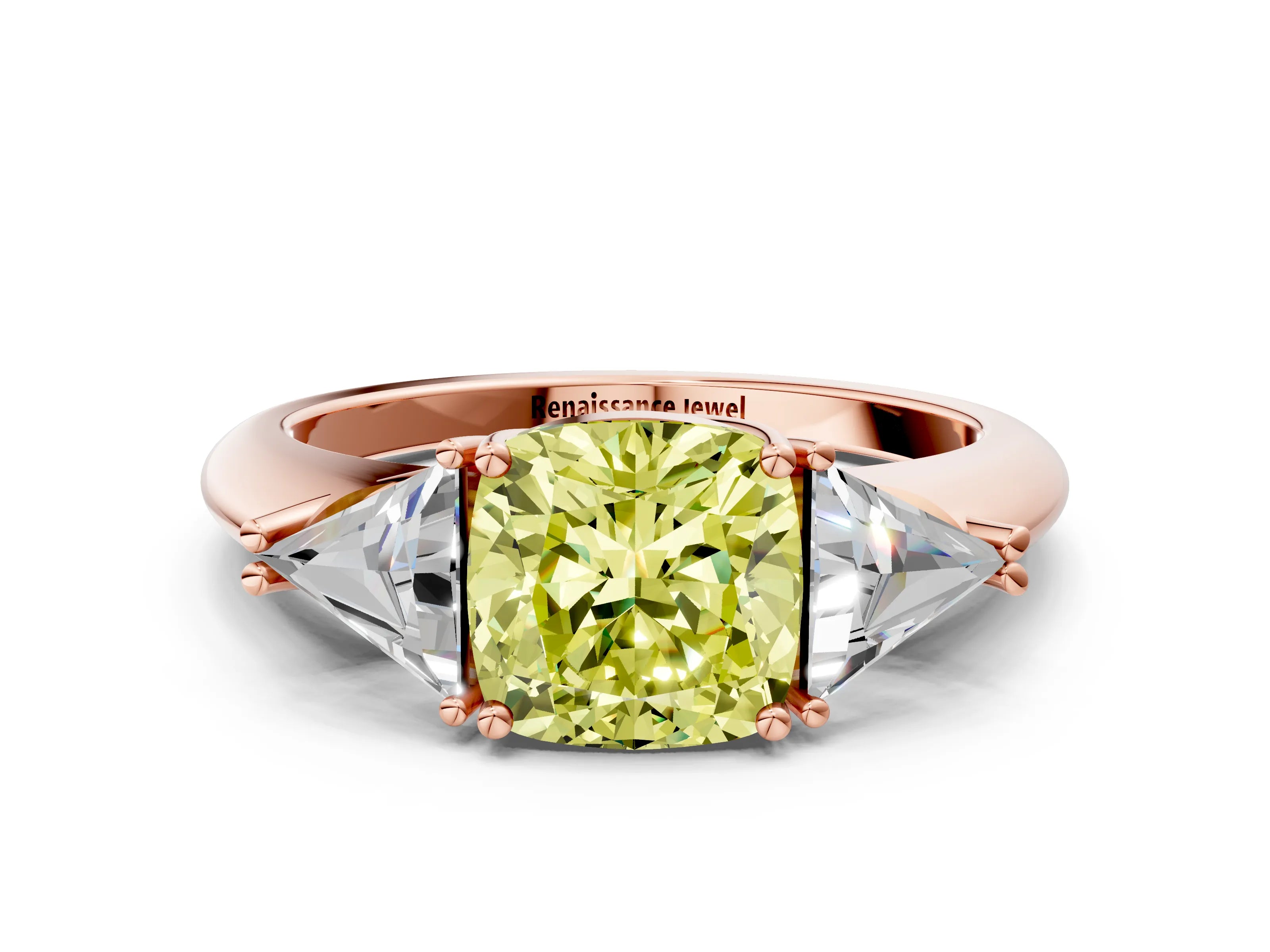 Rose gold Three-Stone Fancy Yellow Cushion Cut Cut Diamond Ring with Trillion Side Stones and Four-Prong Setting_3
