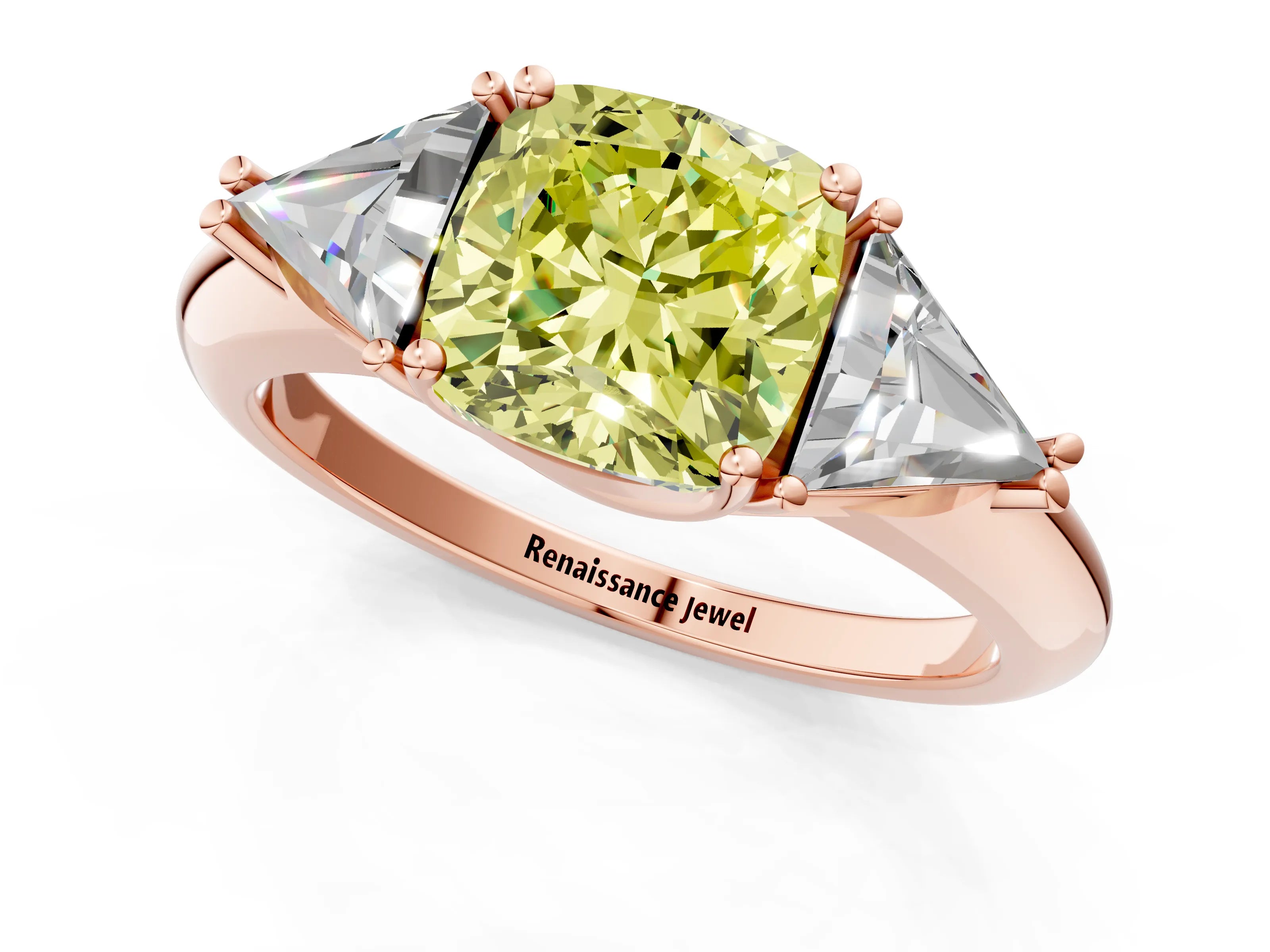 Rose gold Three-Stone Fancy Yellow Cushion Cut Cut Diamond Ring with Trillion Side Stones and Four-Prong Setting_4