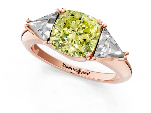 Rose gold Three-Stone Fancy Yellow Cushion Cut Cut Diamond Ring with Trillion Side Stones and Four-Prong Setting_4