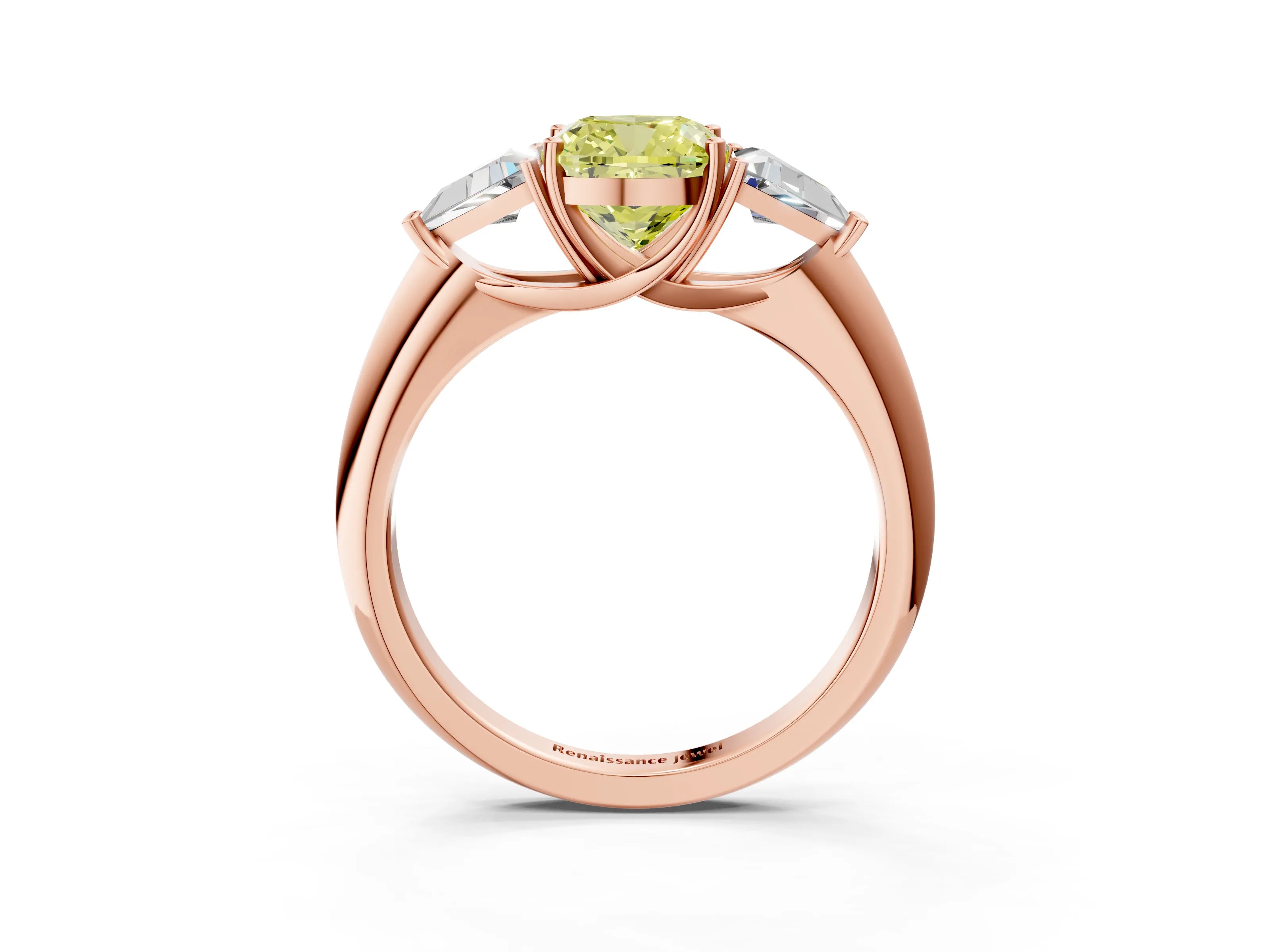 Rose gold Three-Stone Fancy Yellow Cushion Cut Cut Diamond Ring with Trillion Side Stones and Four-Prong Setting_6