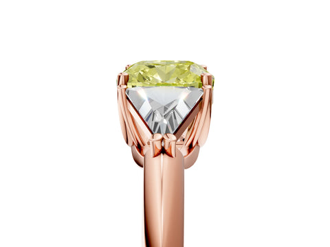 Rose gold Three-Stone Fancy Yellow Cushion Cut Cut Diamond Ring with Trillion Side Stones and Four-Prong Setting_8