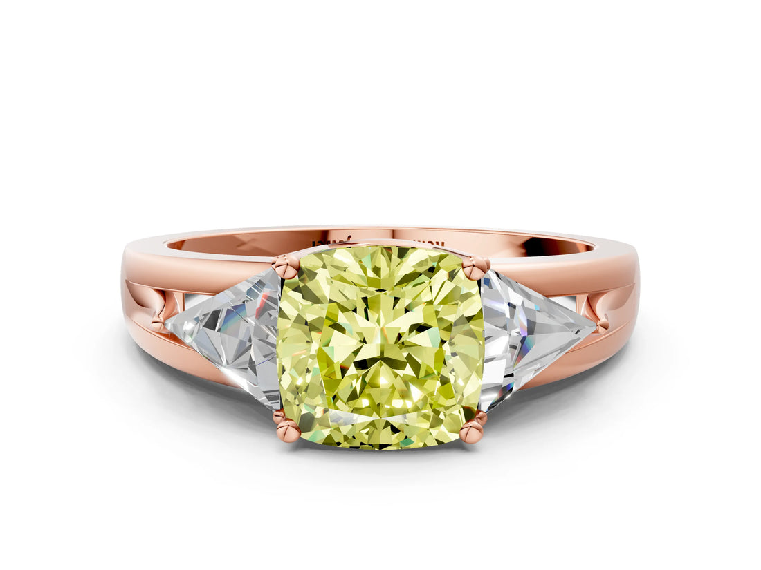 Rose gold Three-Stone Fancy Yellow Cushion Cut Cut Diamond Ring with Trillion Side Stones on a Split Shank Band