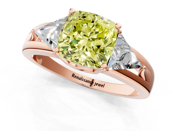 Rose Gold Cushion Cut Split Shank Three Stone Engagement Ring Setting for Fancy Yellow Center