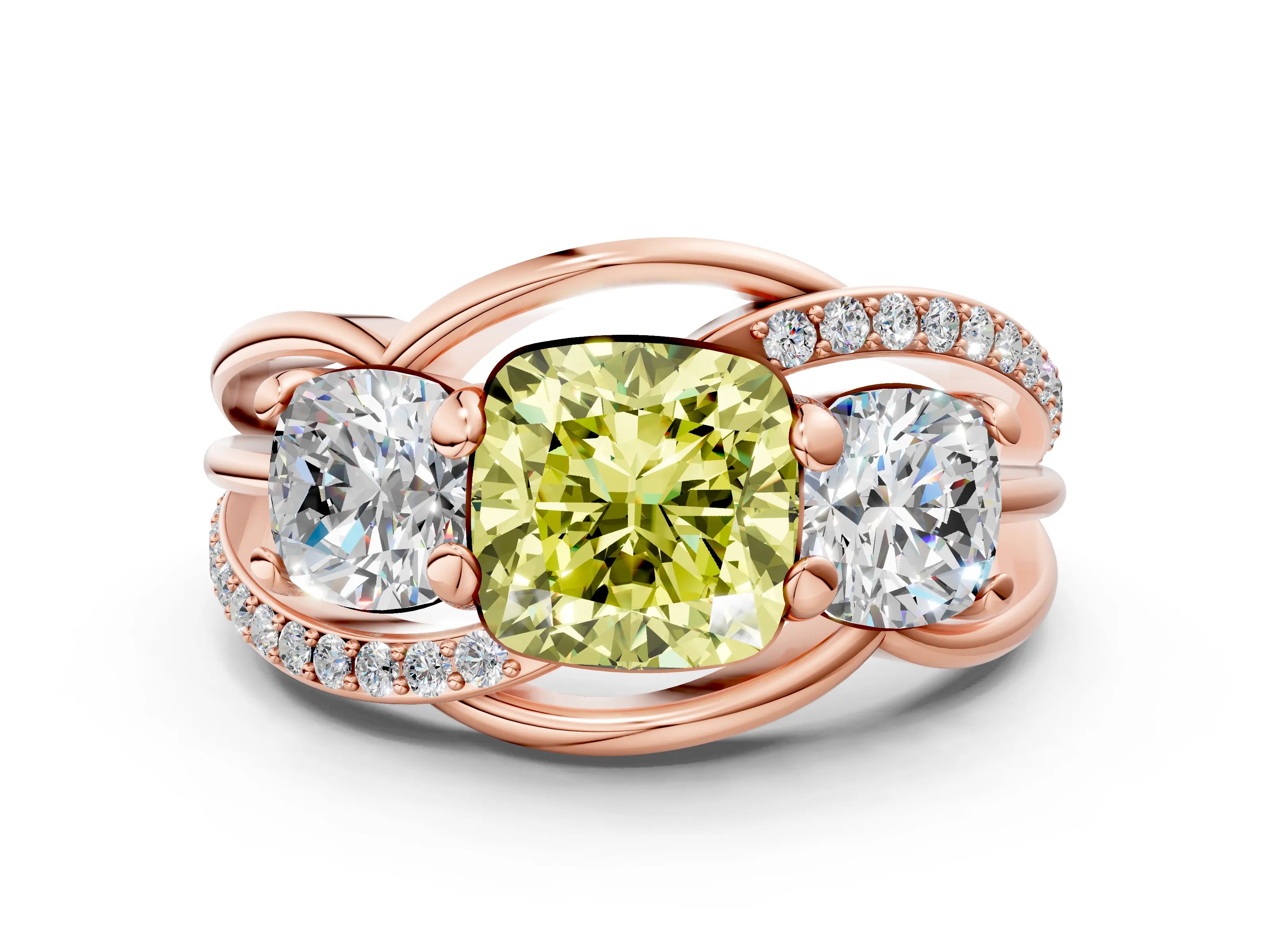Rose gold Three-Stone Fancy Yellow Cushion Cut Cut Diamond Split Shank Prong Set Ring