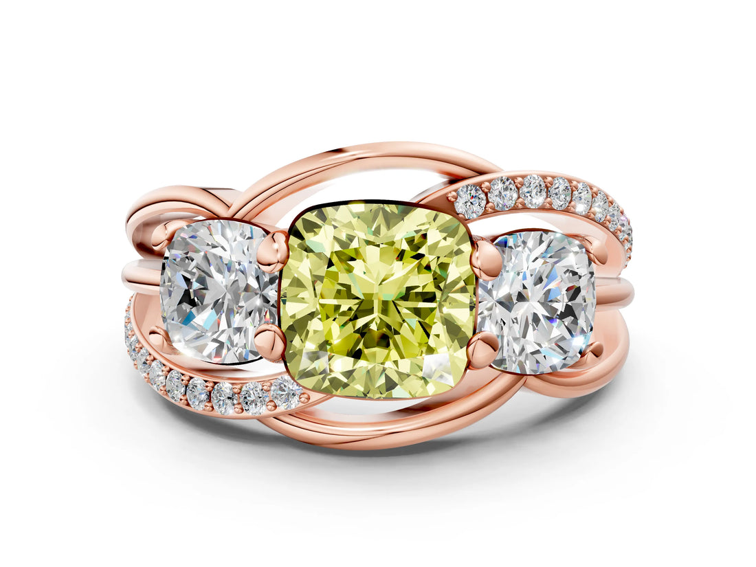 Rose gold Three-Stone Fancy Yellow Cushion Cut Cut Diamond Split Shank Prong Set Ring