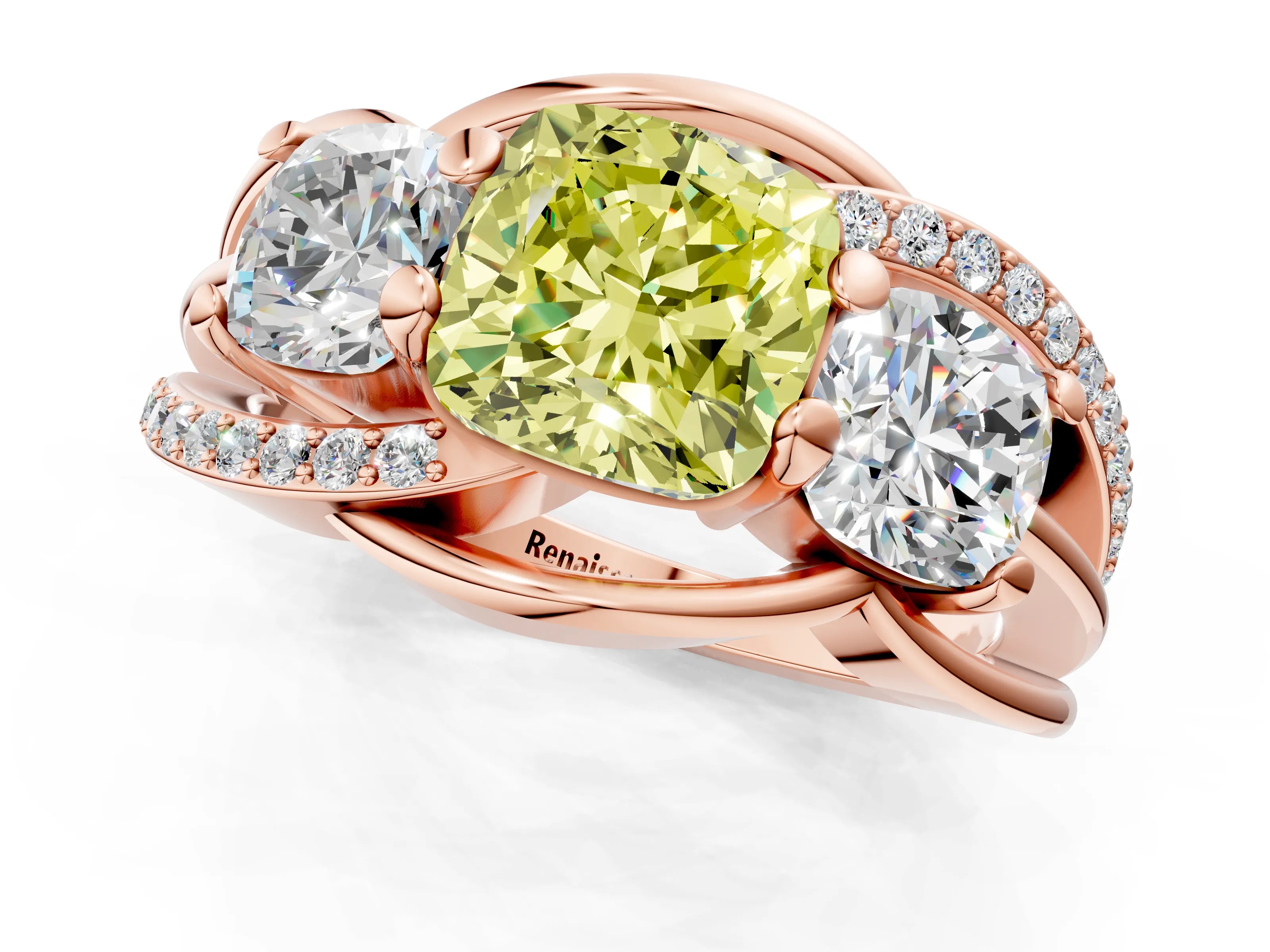Rose gold Three-Stone Fancy Yellow Cushion Cut Cut Diamond Split Shank Prong Set Ring_1