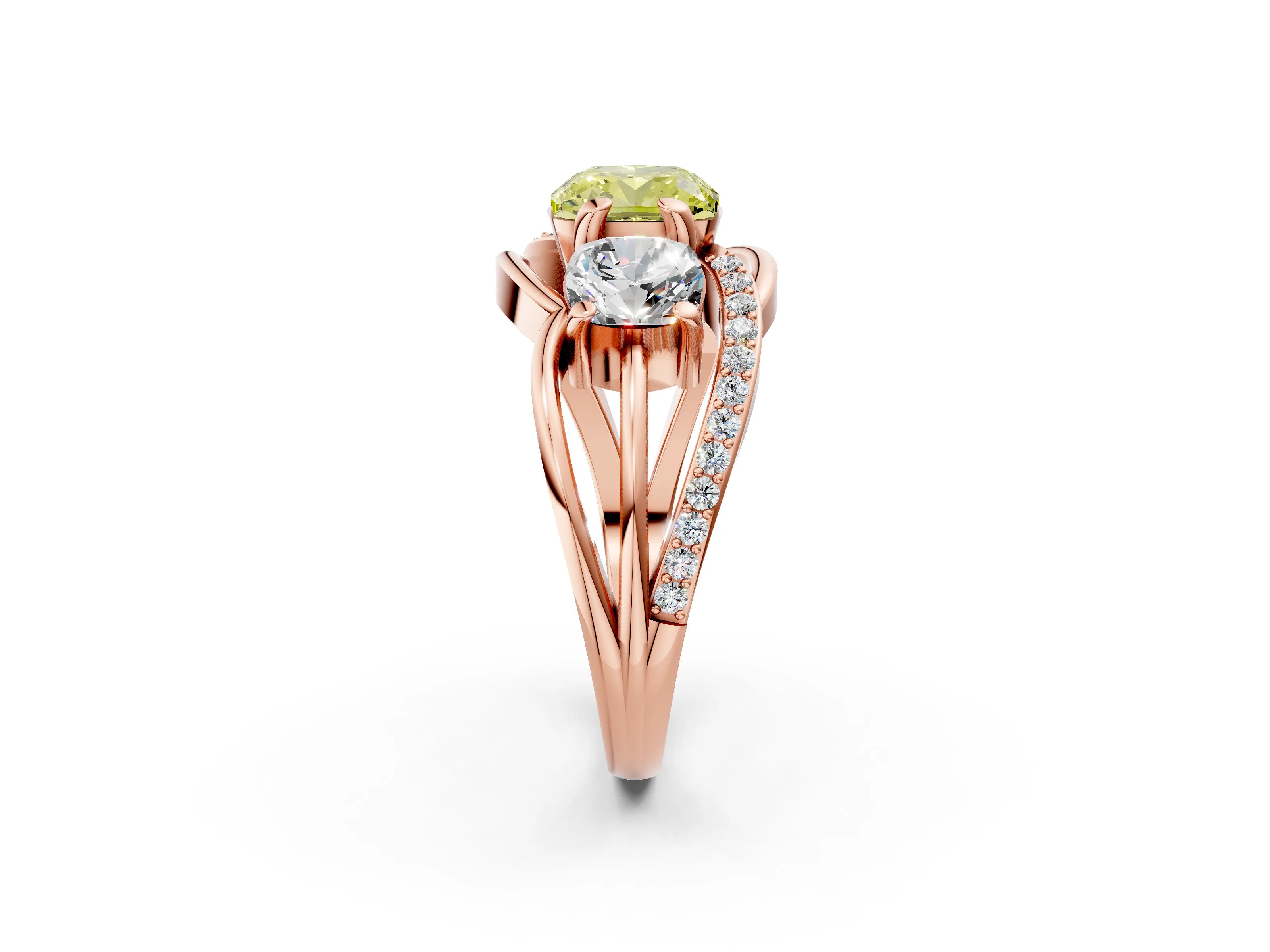 Rose gold Three-Stone Fancy Yellow Cushion Cut Cut Diamond Split Shank Prong Set Ring_2
