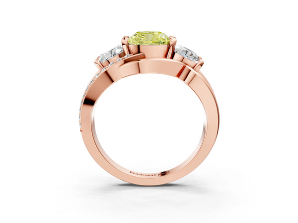 Rose Gold Cushion Cut Three Stone Split Shank Engagement Ring Setting for Fancy Yellow Center