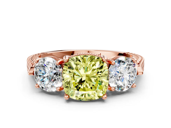 Rose Gold Cushion Cut Vintage Three Stone Engagement Ring Setting for Fancy Yellow Center