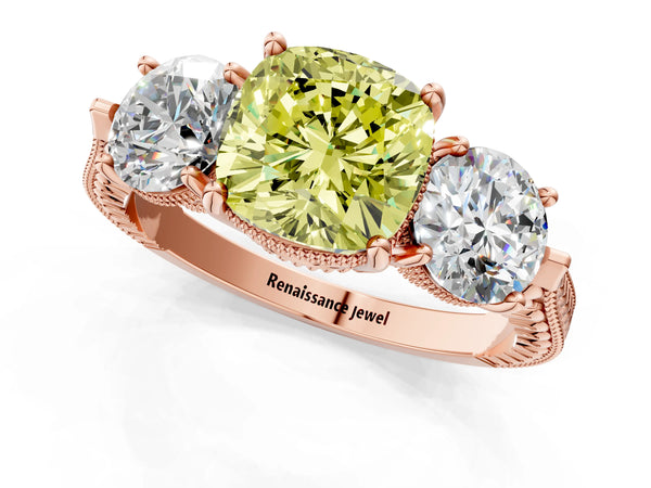 Rose Gold Cushion Cut Vintage Three Stone Engagement Ring Setting for Fancy Yellow Center