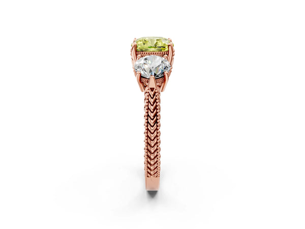 Rose Gold Cushion Cut Vintage Three Stone Engagement Ring Setting for Fancy Yellow Center
