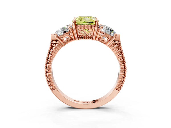 Rose Gold Cushion Cut Vintage Three Stone Engagement Ring Setting for Fancy Yellow Center