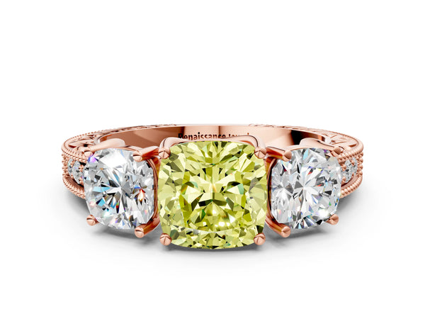 Rose gold Three-Stone Fancy Yellow Cushion Cut Cut Milgrain Pavé Engagement Ring