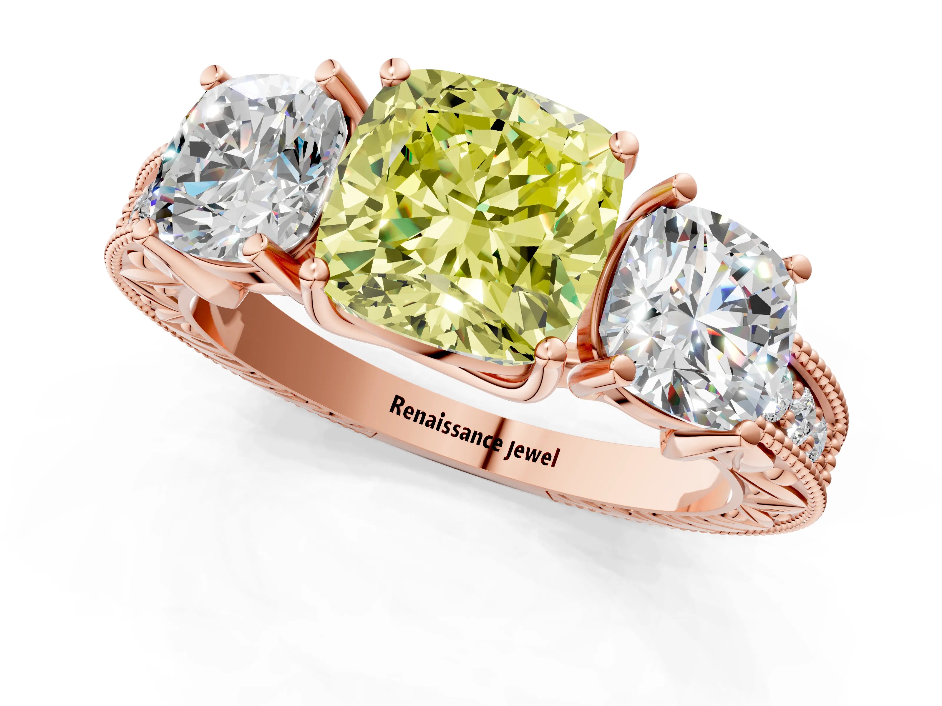 Rose gold Three-Stone Fancy Yellow Cushion Cut Cut Milgrain Pavé Engagement Ring_1