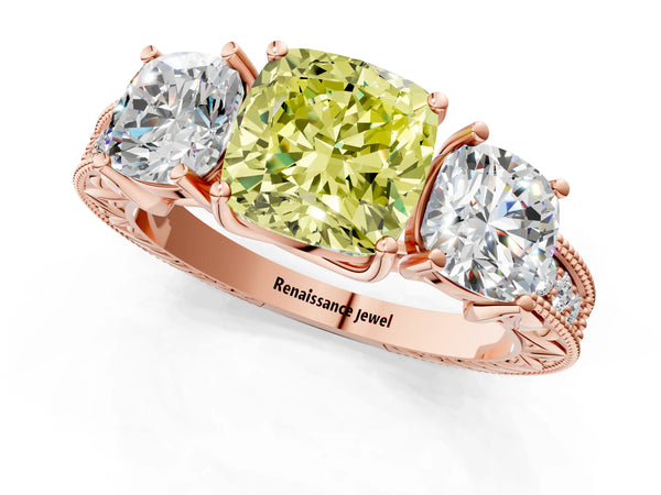 Rose gold Three-Stone Fancy Yellow Cushion Cut Cut Milgrain Pavé Engagement Ring
