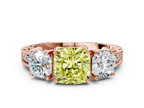 Rose gold Three-Stone Fancy Yellow Cushion Cut Cut Milgrain Pavé Engagement Ring_12