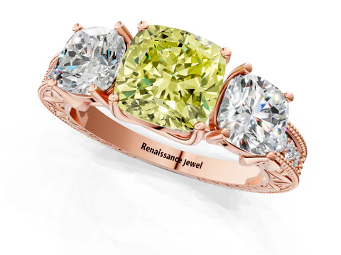 Rose gold Three-Stone Fancy Yellow Cushion Cut Cut Milgrain Pavé Engagement Ring_13