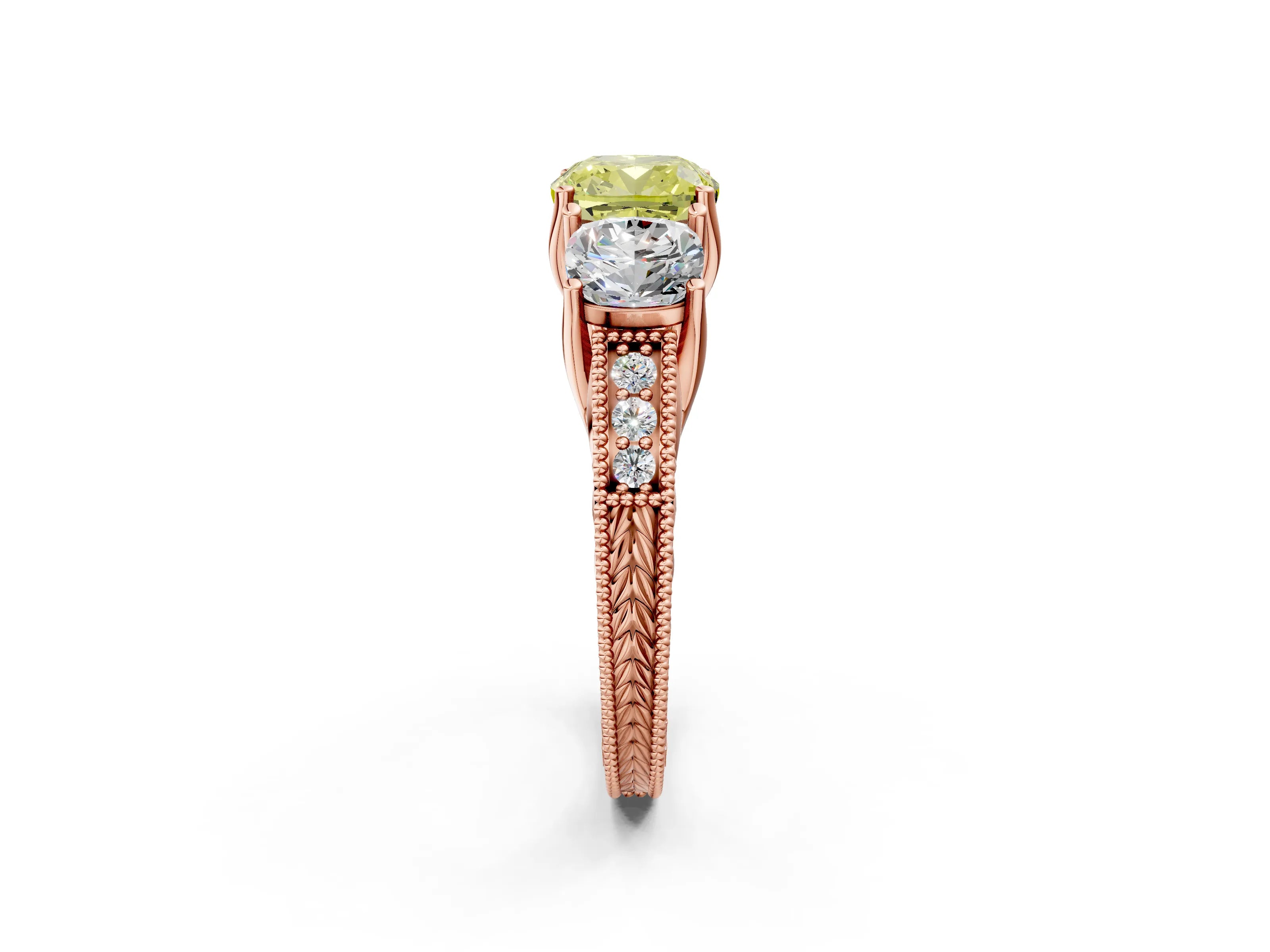 Rose gold Three-Stone Fancy Yellow Cushion Cut Cut Milgrain Pavé Engagement Ring_14