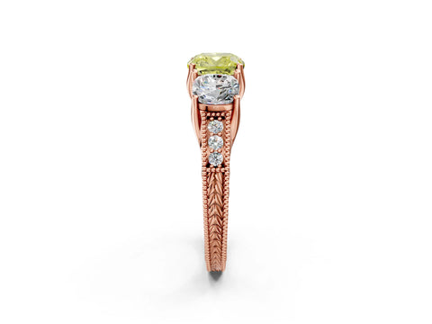 Rose gold Three-Stone Fancy Yellow Cushion Cut Cut Milgrain Pavé Engagement Ring_14