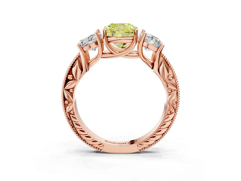Rose gold Three-Stone Fancy Yellow Cushion Cut Cut Milgrain Pavé Engagement Ring_15