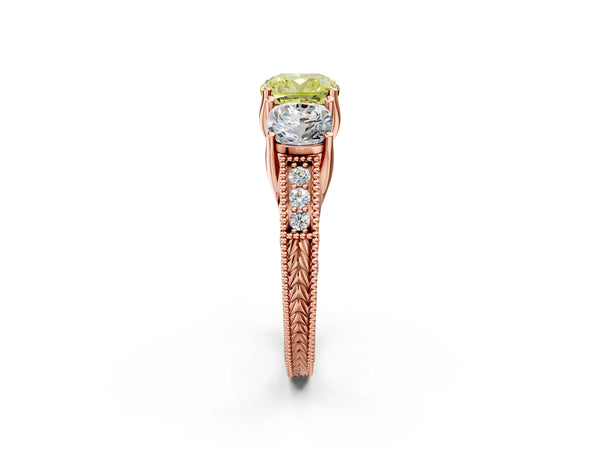 Rose gold Three-Stone Fancy Yellow Cushion Cut Cut Milgrain Pavé Engagement Ring