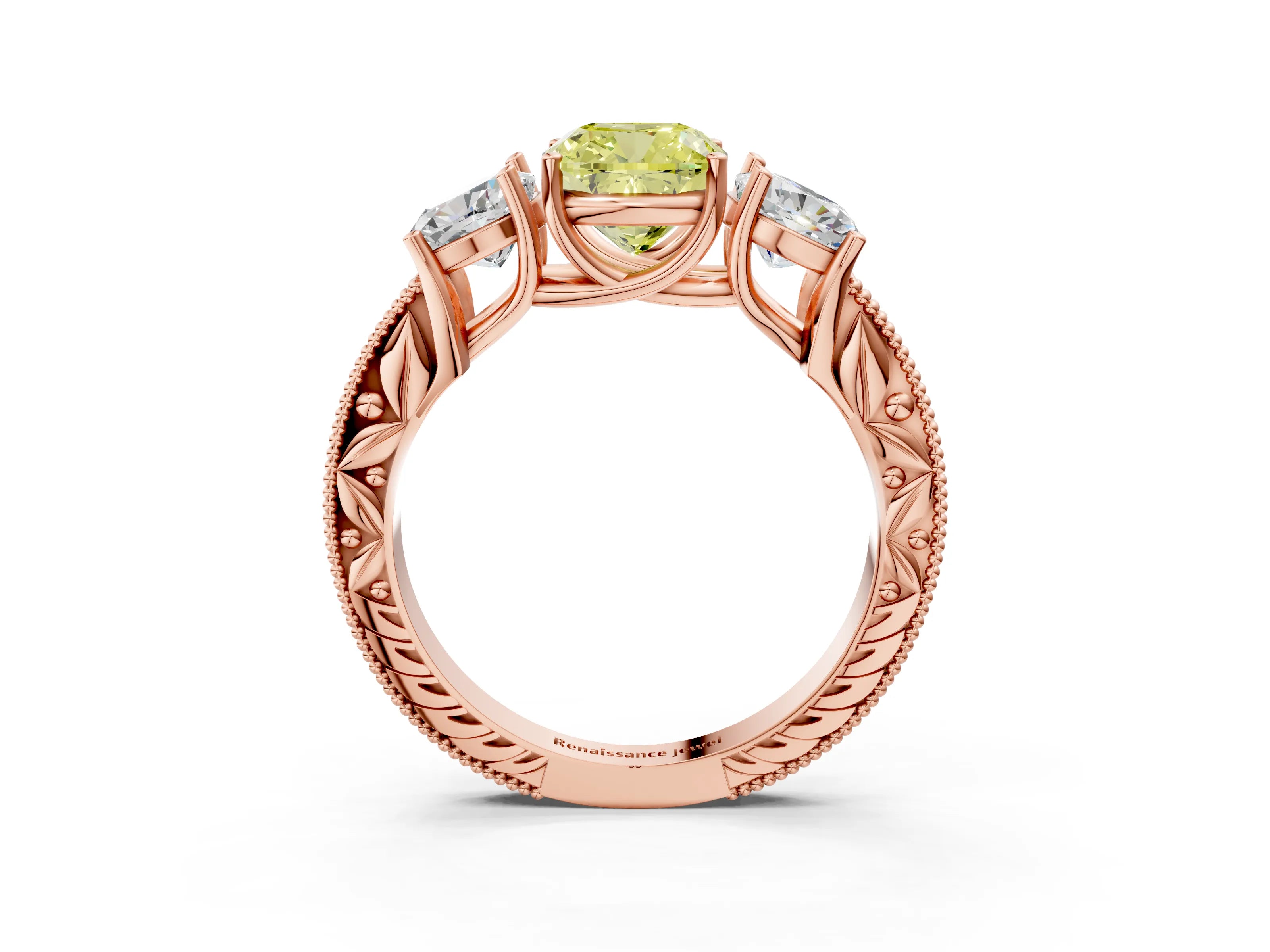 Rose gold Three-Stone Fancy Yellow Cushion Cut Cut Milgrain Pavé Engagement Ring_3