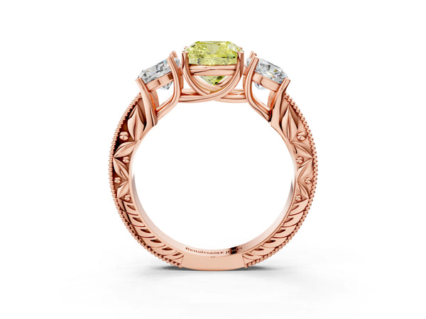 Rose gold Three-Stone Fancy Yellow Cushion Cut Cut Milgrain Pavé Engagement Ring