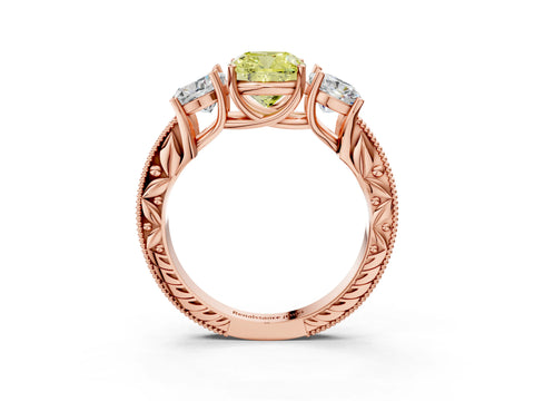 Rose gold Three-Stone Fancy Yellow Cushion Cut Cut Milgrain Pavé Engagement Ring_3