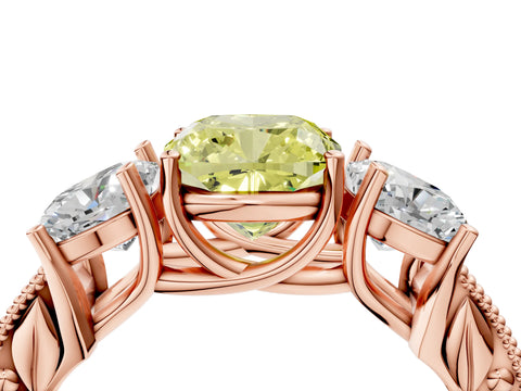 Rose gold Three-Stone Fancy Yellow Cushion Cut Cut Milgrain Pavé Engagement Ring_4