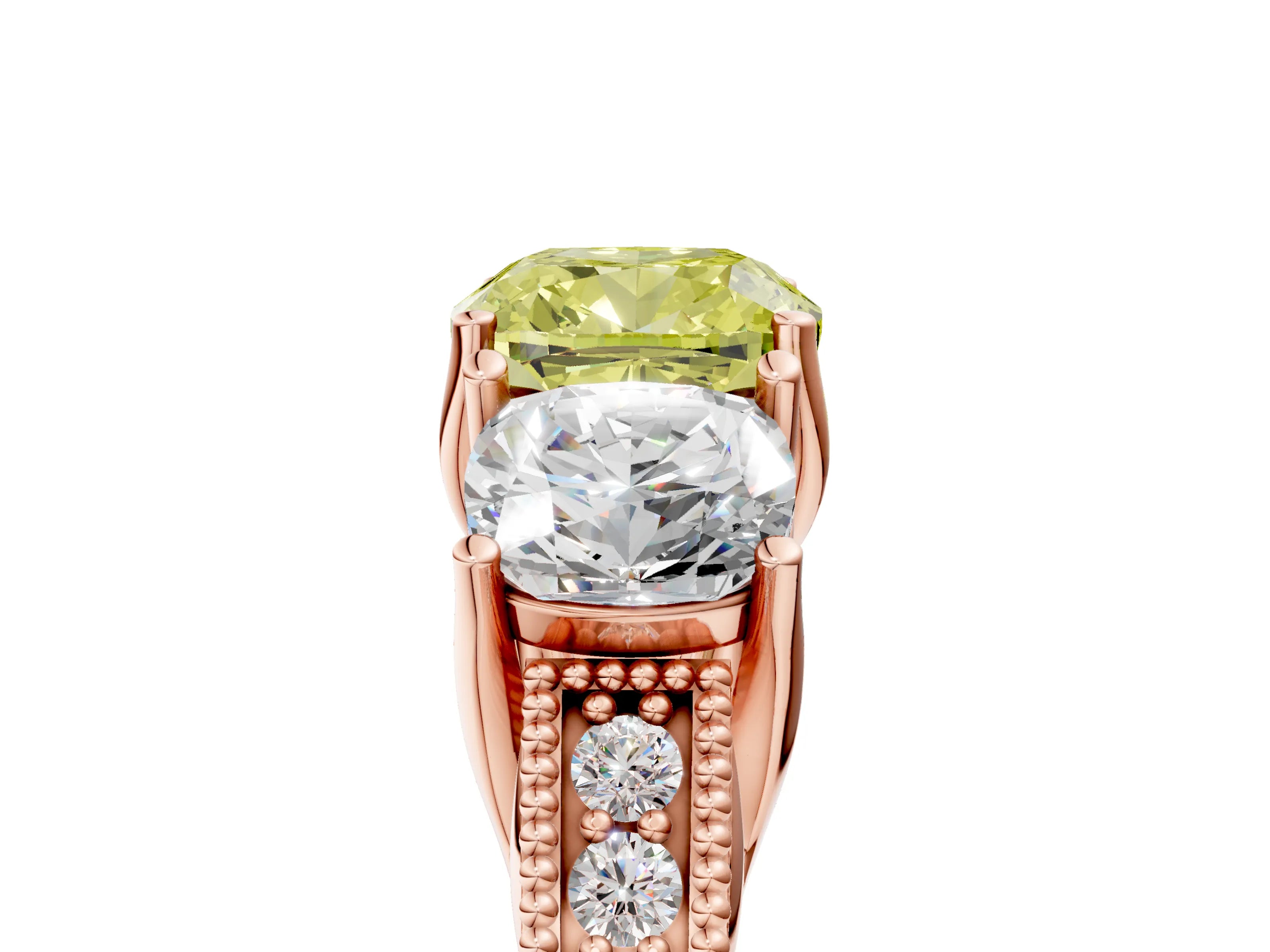 Rose gold Three-Stone Fancy Yellow Cushion Cut Cut Milgrain Pavé Engagement Ring_5