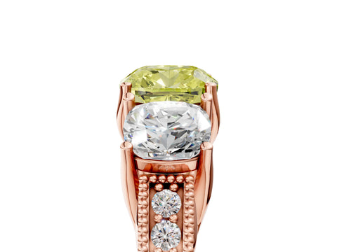 Rose gold Three-Stone Fancy Yellow Cushion Cut Cut Milgrain Pavé Engagement Ring_5