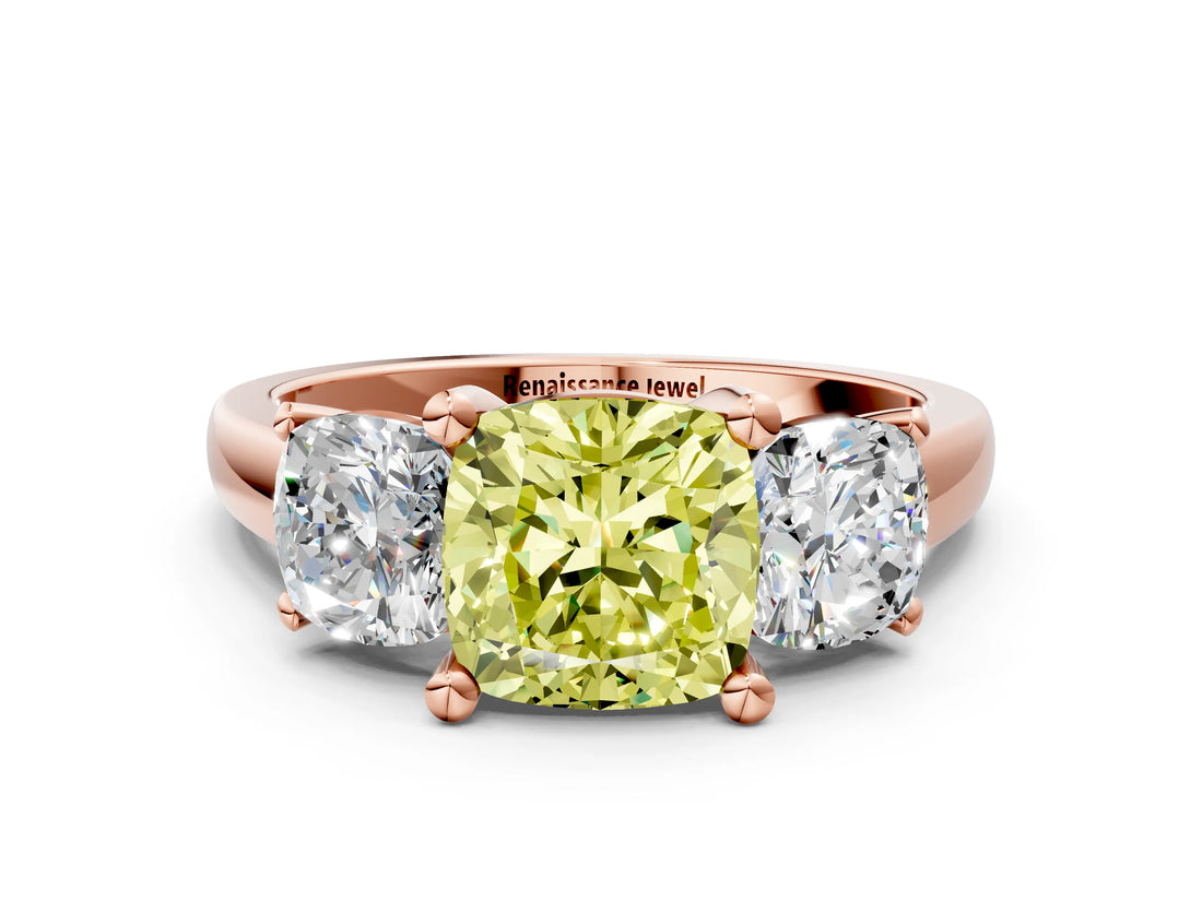 Rose gold Three-Stone Fancy Yellow Cushion Cut Cut Solitaire Ring with Classic Prong Setting