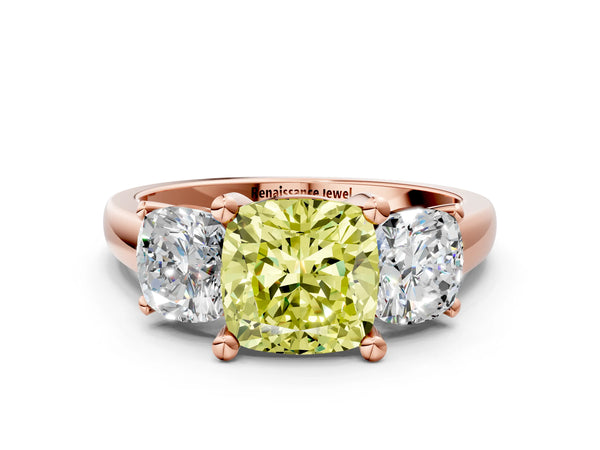 Rose gold Three-Stone Fancy Yellow Cushion Cut Cut Solitaire Ring with Classic Prong Setting