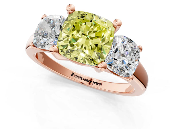 Rose gold Three-Stone Fancy Yellow Cushion Cut Cut Solitaire Ring with Classic Prong Setting