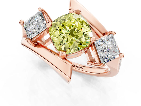 Rose gold Three-Stone Fancy Yellow Cushion Cut Cut Tension Band Ring with Four-Prong Setting
