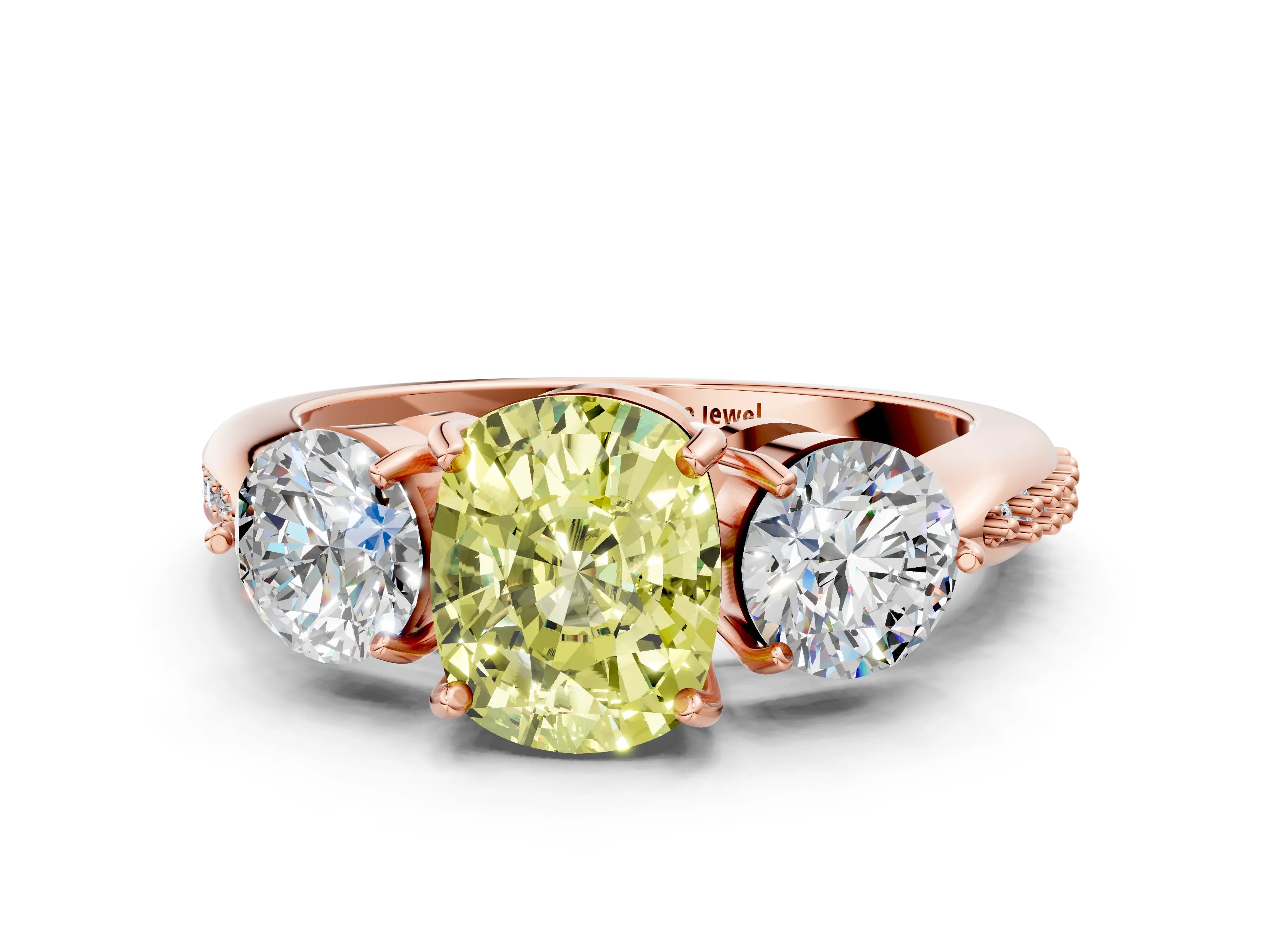 Rose gold Three-Stone Fancy Yellow Cushion Cut Diamond Channel Set Engagement Ring with Prong Setting