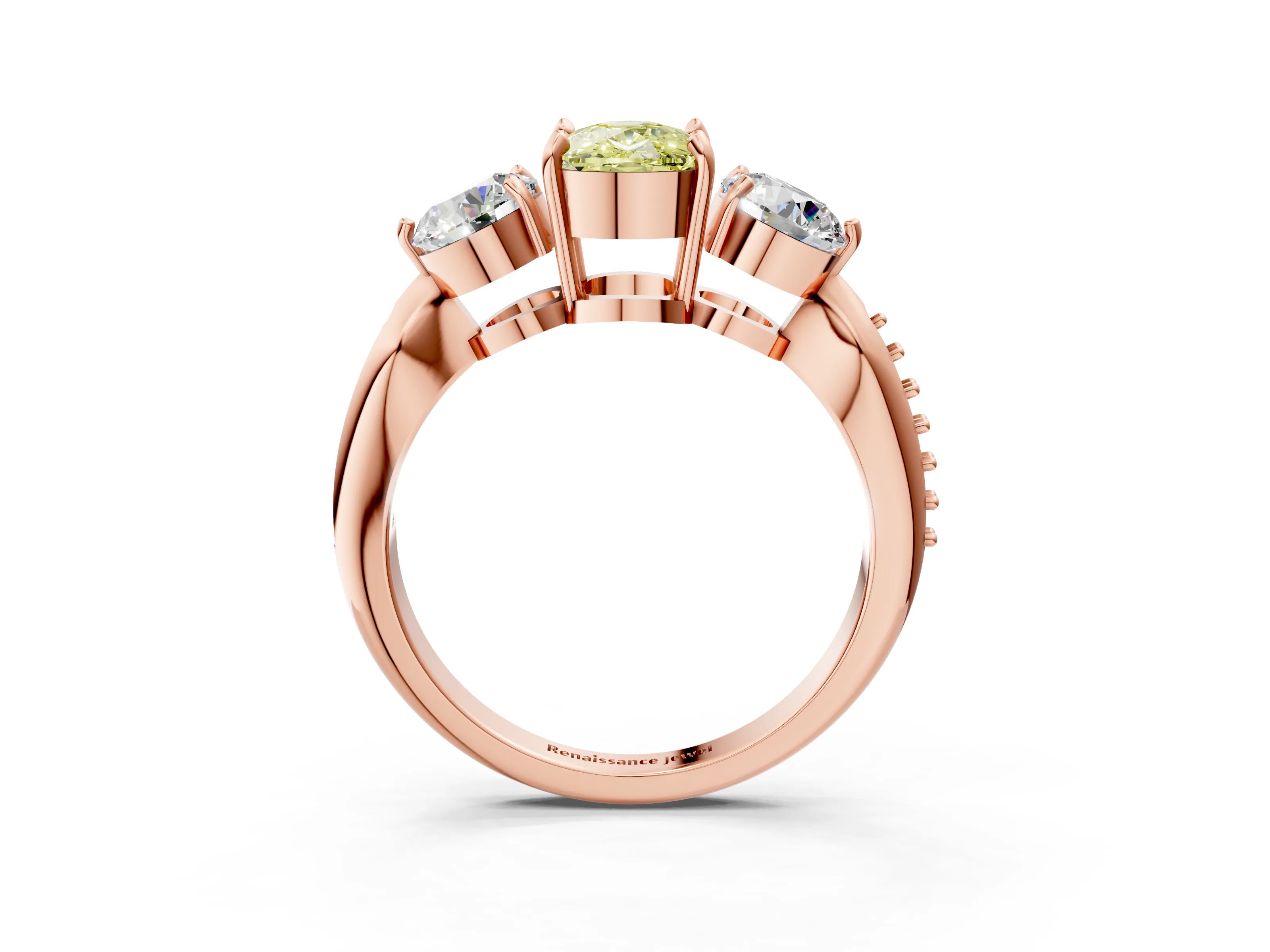 Rose gold Three-Stone Fancy Yellow Cushion Cut Diamond Channel Set Engagement Ring with Prong Setting_3