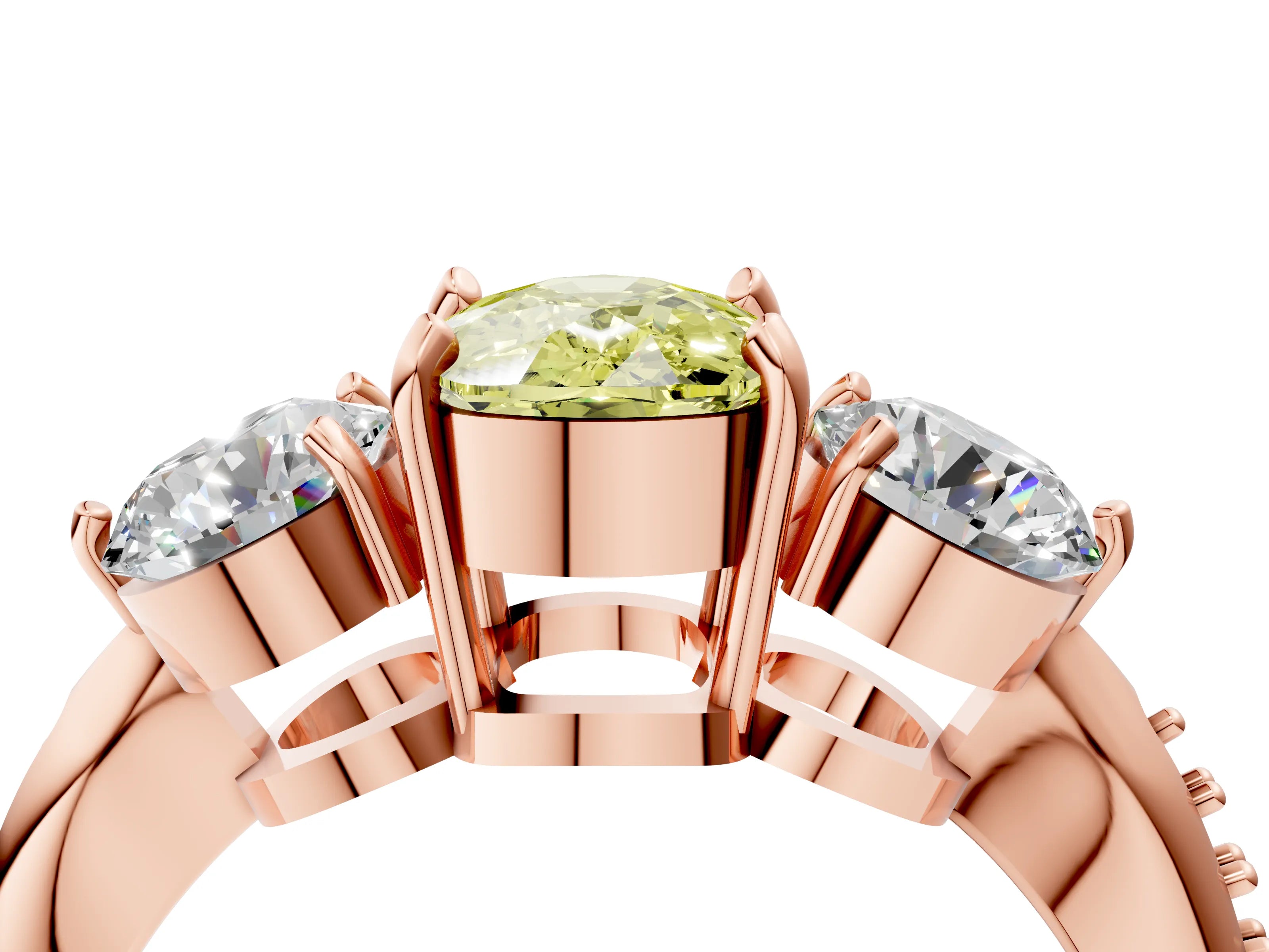 Rose gold Three-Stone Fancy Yellow Cushion Cut Diamond Channel Set Engagement Ring with Prong Setting_4