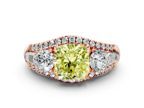 Rose gold Three-Stone Fancy Yellow Cushion Cut Diamond Engagement Ring with Pave Band and Prong Setting_12