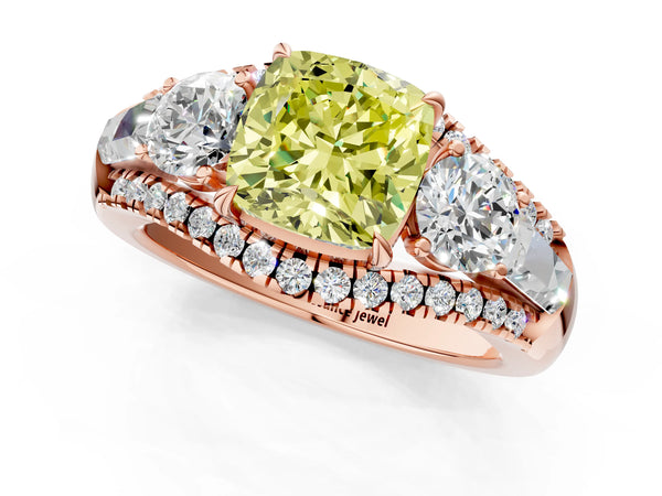 Rose gold Three-Stone Fancy Yellow Cushion Cut Diamond Engagement Ring with Pave Band and Prong Setting