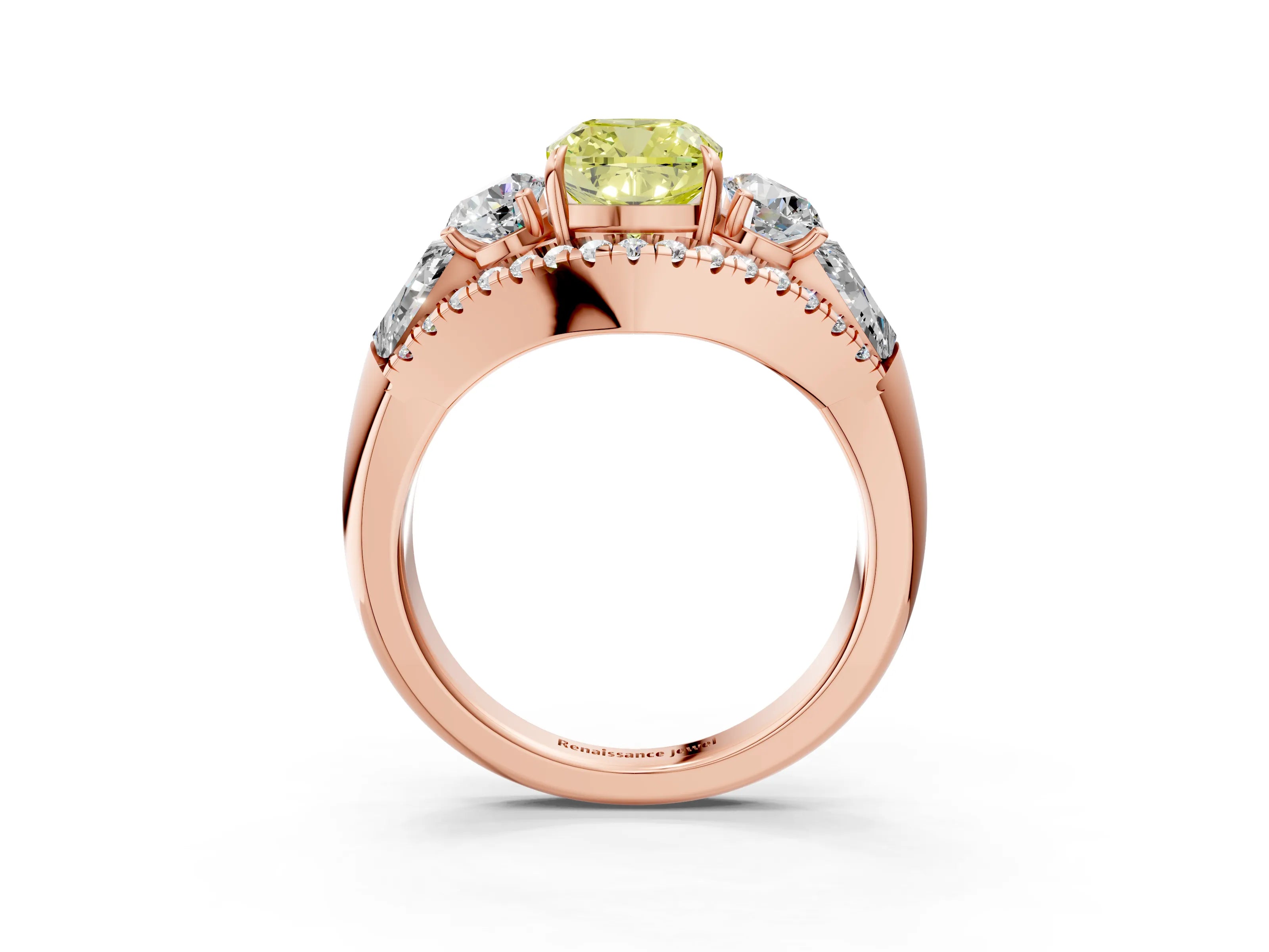 Rose gold Three-Stone Fancy Yellow Cushion Cut Diamond Engagement Ring with Pave Band and Prong Setting_15