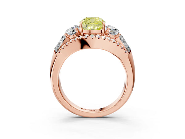 Rose gold Three-Stone Fancy Yellow Cushion Cut Diamond Engagement Ring with Pave Band and Prong Setting