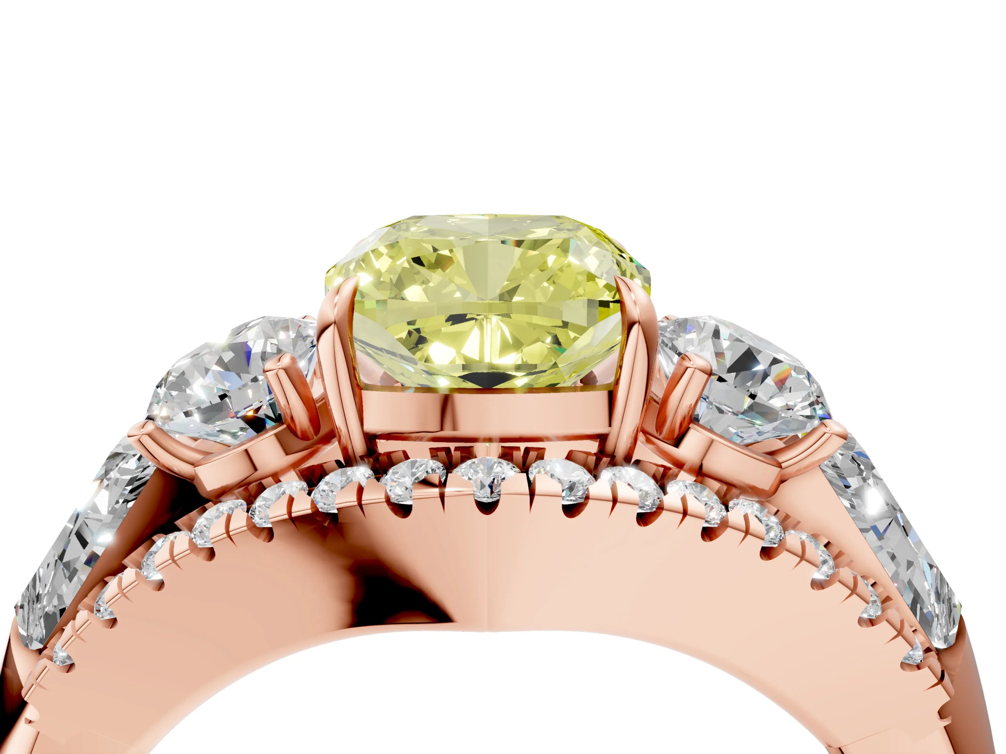 Rose gold Three-Stone Fancy Yellow Cushion Cut Diamond Engagement Ring with Pave Band and Prong Setting_16